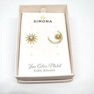 Simona Earrings Moon Star Sun Silver Plated Cubic Zirconium Gold Tone Celestial